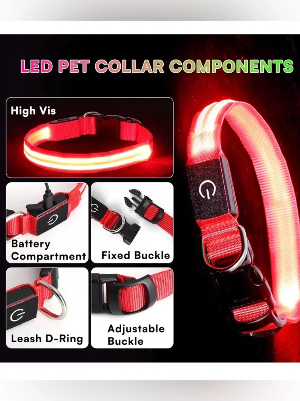LED Dog Collar Light Up USB Rechargeable Glowing Pet Safety Night Small Red S